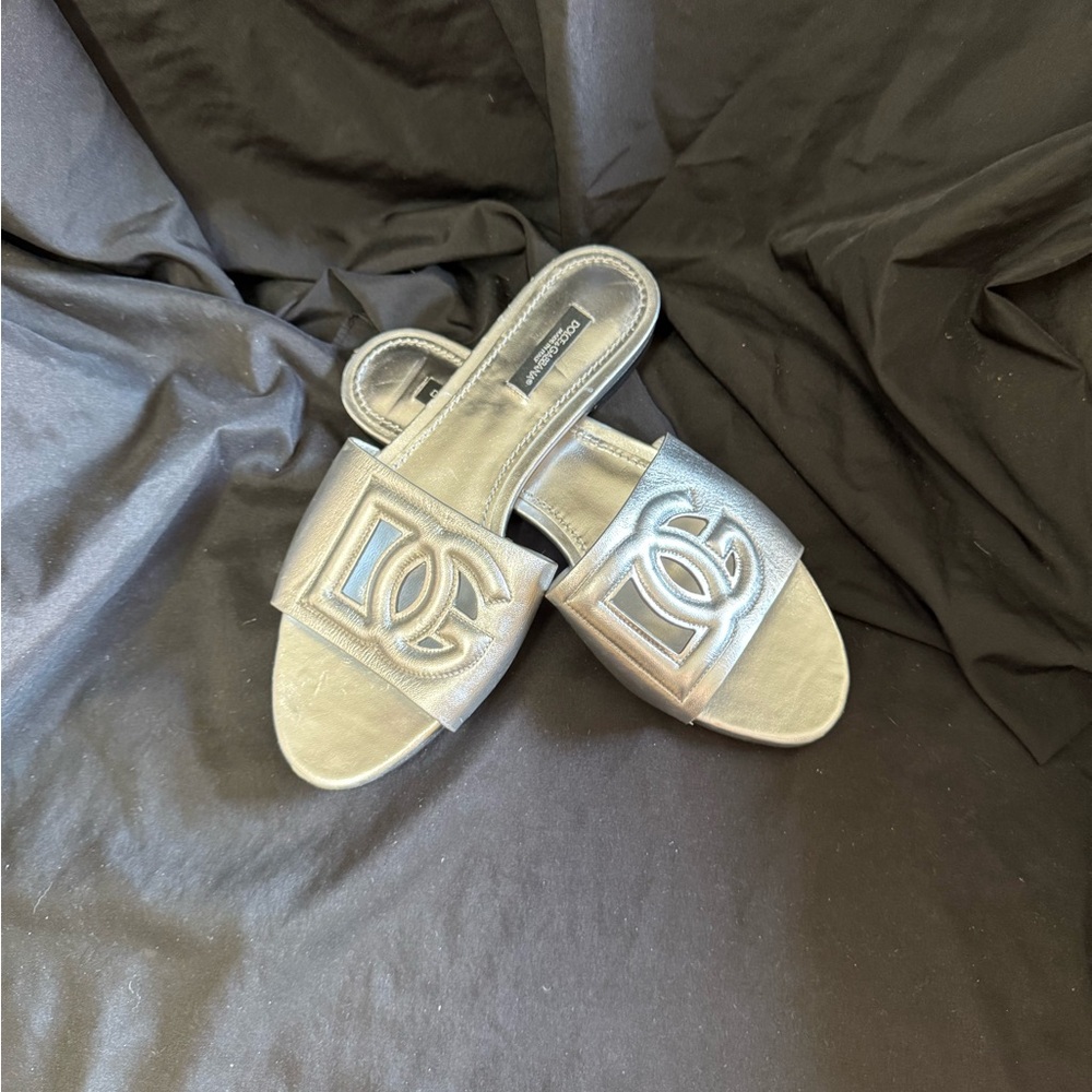 Dolce & Gabbana Silver Sandals with Stylish Logo